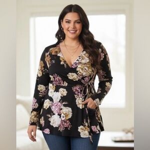 Torrid Black Floral Studio Knit Wrap Top Women’s Size 00